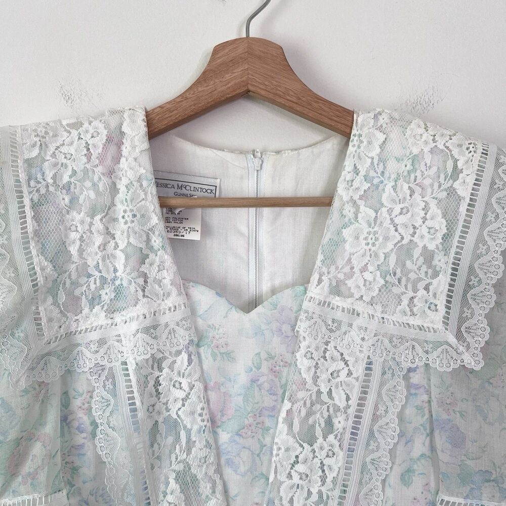 Vintage 80s Gunne Sax Jessica McClintock Pastel Floral Prairie Cottagecore Dress - Picture 5 of 14